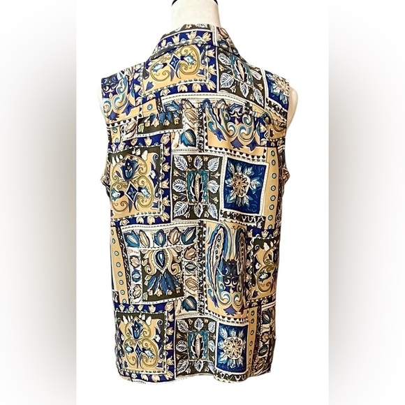 Rebecca Malone Womens Blouse L Blue And Gold Floral Print Rayon - Picture 2 of 4